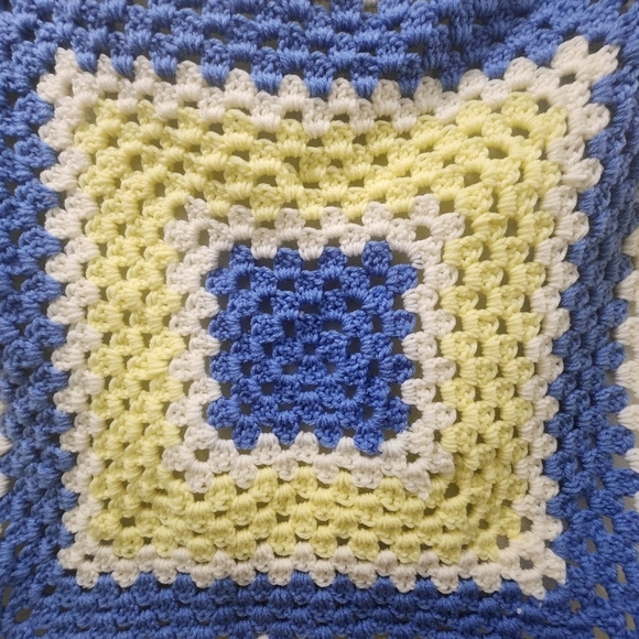 Handmade Small Blue Yellow Granny Square Crochet Baby Blanket Afghan Lap 27"X28" - Picture 2 of 3
